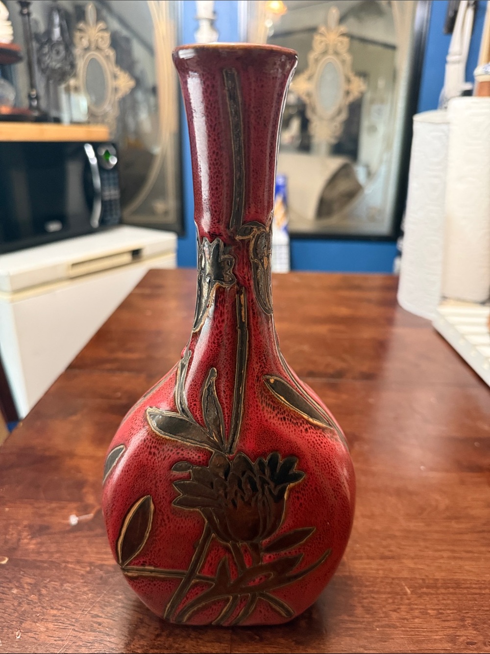 Vintage Red Ceramic Floral Relief Vase